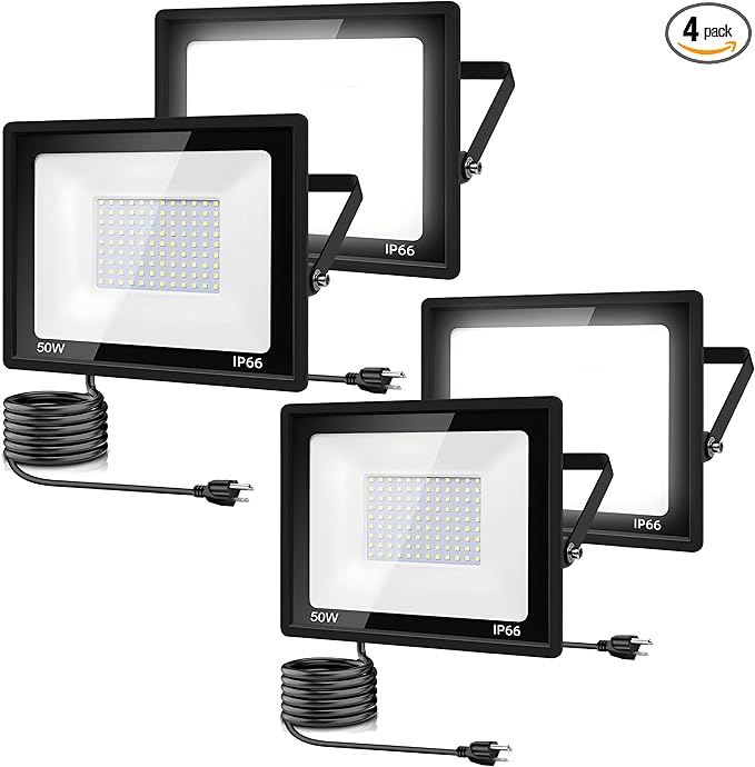 4Pack LED Flood Light Outdoor,50W LED Work Light 5500lm with 6FT US Plug,IP66 Waterproof Exterior Security Lights,6000K Daylight White Outside Floodlights Slim Design for Playground Yard