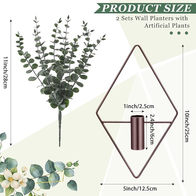 Jexine 4 Pcs Hanging Planters with Artificial Eucalyptus Metal Hanging Vase Indoor Plants Holder Modern Geometric Boho Bathroom Wall Decor for Living Room Home Office, Bronze