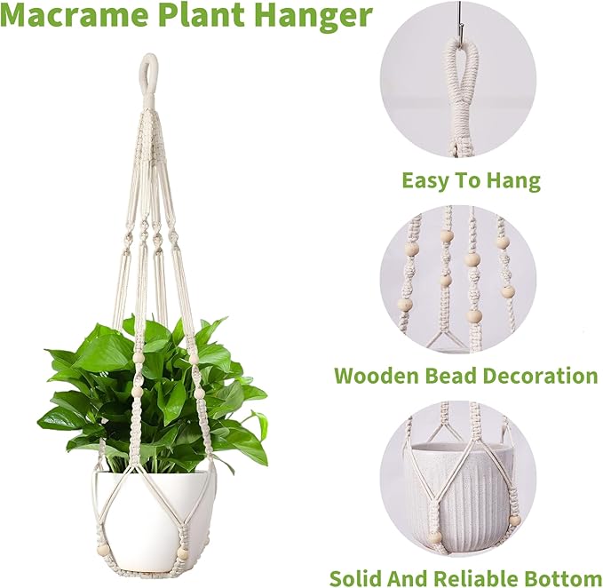 Macrame Plant Hanger Set of 2, 35 Inch Indoor Hanging Planter with 4 Hooks, Macrame Plant Hangers for Pots, No Tassels Boho Home Decor, Ivory (Pots Not Included)
