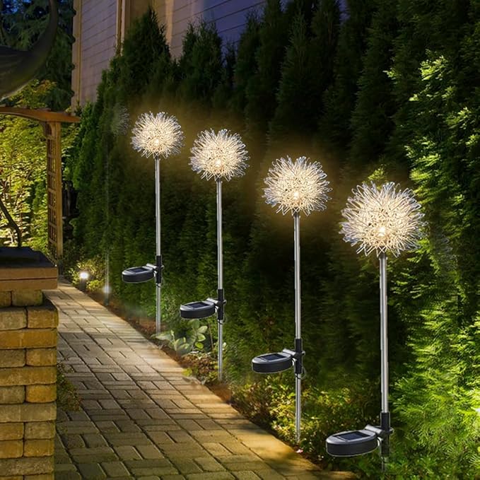 GUOCHENG Dandelion Solar Garden Lights, 4 Pack Solar Metal Dandelion Light, Waterproof Firefly Lights Outdoor for Garden Patio Yard Pathway, Gifts for Women Mother's Day(4pack)