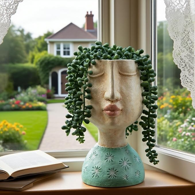 DiliComing Resin Face Planters Pots Head - 8 Inch Indoor and Outdoor Pot with Drainage Hole for Succulents Plants Home Garden Decor Unique Girl Sculpture Plant Pot