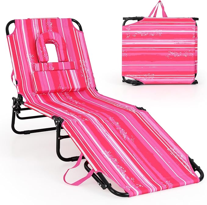 GYMAX Tanning Chair, 350lbs Beach Lounge Chair with Face Hole, Washable Pillow & Carry Strap, Adjustable Folding Chaise Lounge, Layout Lounger for Outside, Patio, Poolside, Lawn (1, Pink Stripe)
