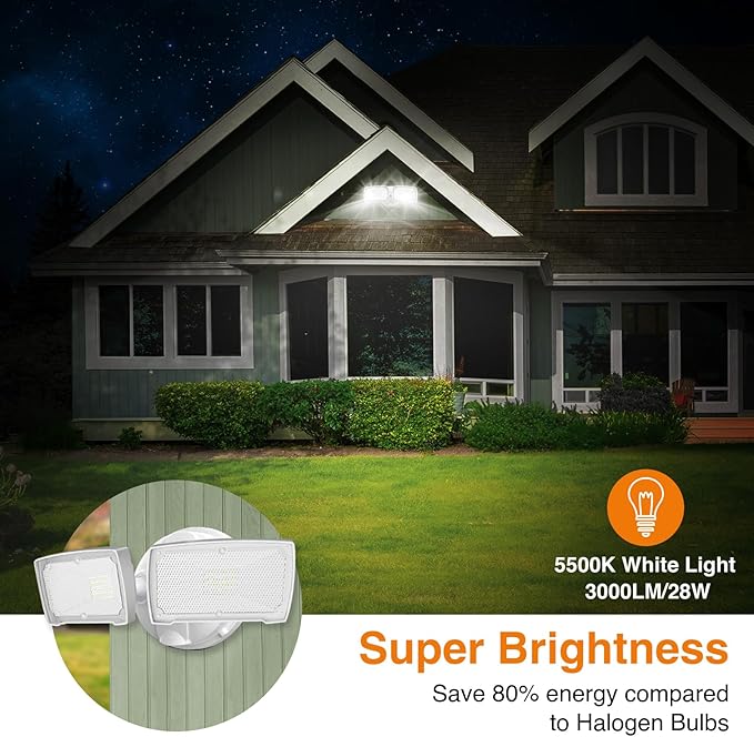 LEPOWER 28W 3000LM ‌LED Security Flood Light‌ ‌Outdoor‌, Switch Controlled Aluminum ‌Security Light‌, 2 Adjustable Heads, 5500K Daylight, IP65 Waterproof, Wet Location for Patio, Garden, Yard Lights