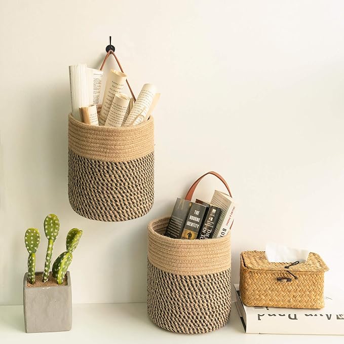Goodpick 2pack Jute Rope Hanging Basket - 7.87" x 7" Small Woven Fern Wall Hanging Basket Flower Plants, Woven Storage, Black and Jute
