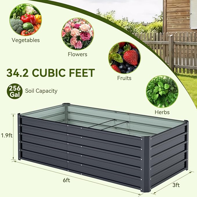 Ohuhu 6x3x1.9FT Metal Raised Garden Bed Outdoor, Reinforced Galvanized Steel Rustproof Planter Box, 100% Non-Toxic, 256 Gal Large Capacity Heavy Duty Raised Beds for Growing Vegetables Flowers Herbs