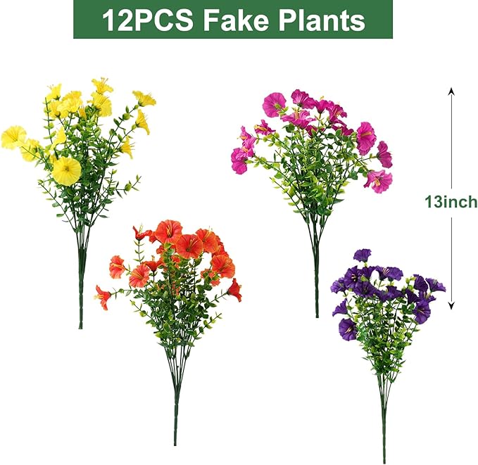 Artificial Flowers for Outdoors, UV Resistant Fake Silk Morning Glory, Realistic Faux Plants for Outside Porch Patio Window Box Hanging Planter (12, Purple Fuchsia Yellow Orange)