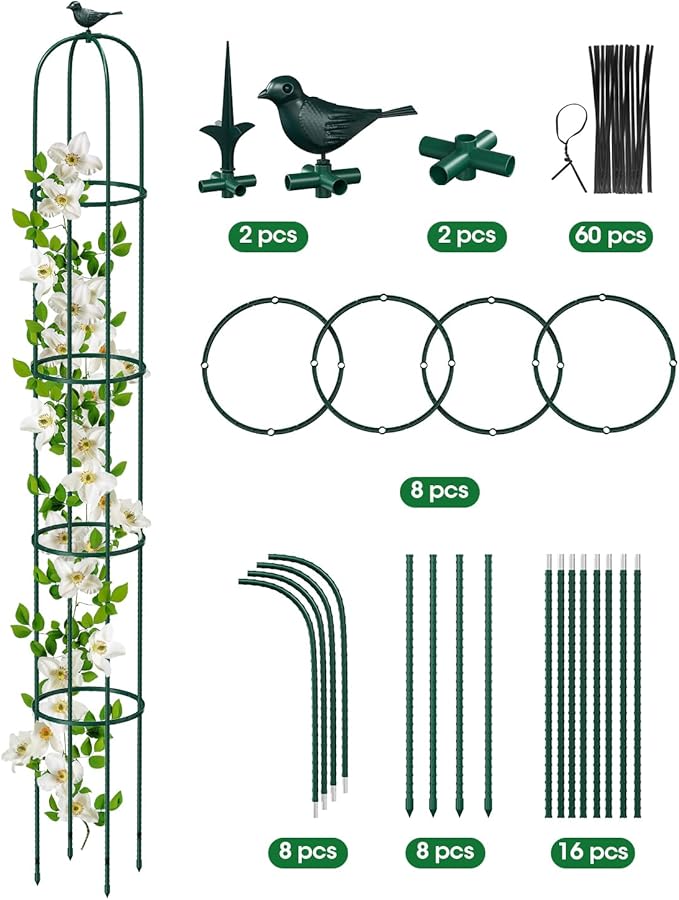 2PCS Garden Trellis for Climbing Plants, 6.2FT Rustproof Metal Pipe with Heavy Duty Plastic Coated, Garden Outdoor Indoor Potted Plant Support, Obelisk Garden Trellis for Climbing Vine (Green)