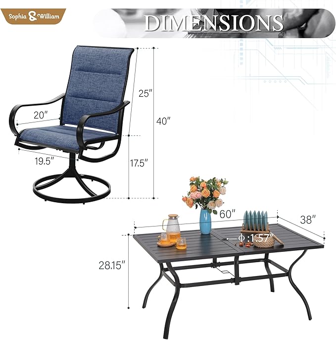 Sophia & William Patio Dining Set 7 Pieces Outdoor Metal Furniture Set, 6 x Patio Dining Swivel Chairs Padded with 1 Umbrella Dining Table for Lawn Garden (Blue)