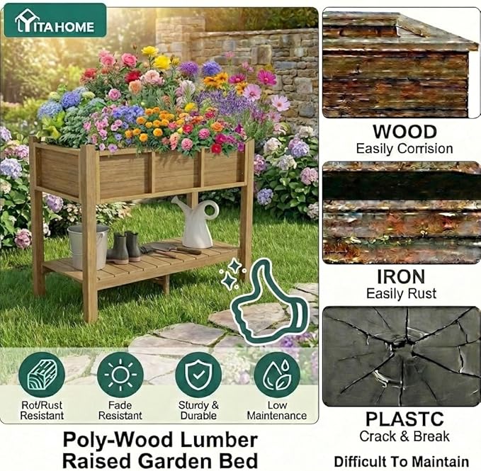 YITAHOME Raised Garden Bed Outdoor HDPE with Shelf, 48x18x30in Poly-Wood Weather-Resistant Elevated Planter Box with Legs for Vegetable Flower, Herb Garden Bed for Backyard Balcony Garden, Brown