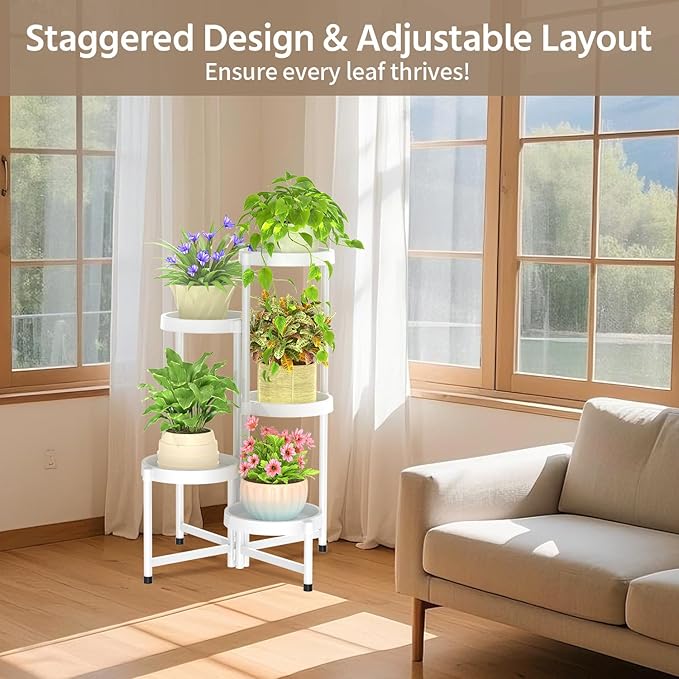 LASZOLA 5 Tiered Folding Plant Stand Indoor for Multiple Large Planter, Tall Heavy Duty Adjustable Rack with Rust Proof Plastic Shelving, Sturdy Vertical Tree Organizer for Narrow Inside Floor, White