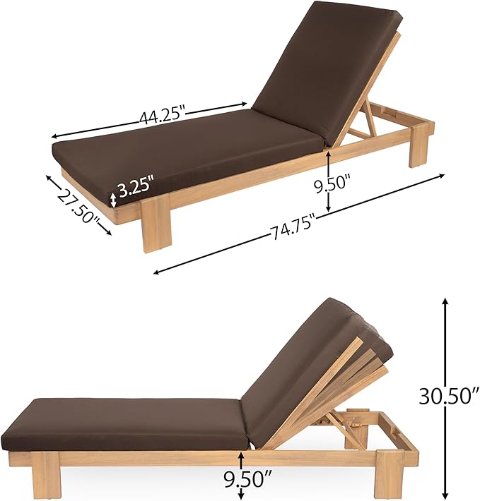 Christopher Knight Home Duska Acacia Wood Chaise Lounge Chair Set of 2, Patio Outdoor Chaise Lounge with Cushions, Adjustable Backrest Single Lounge Sofa, Garden Poolside Backyard Seating, Teak+Brown