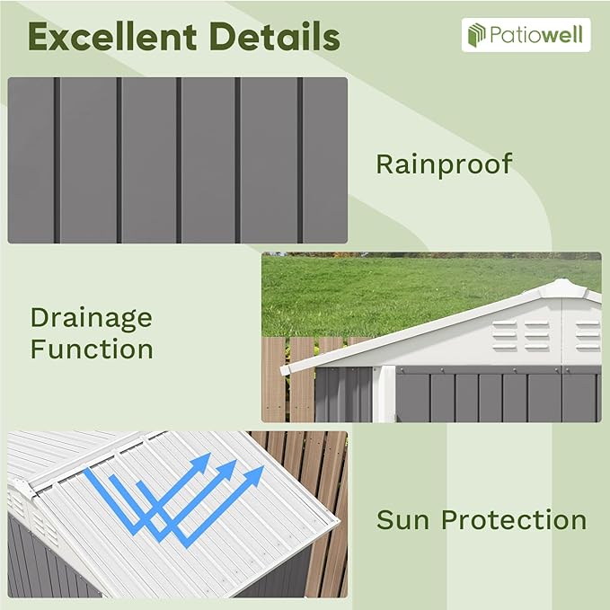 Patiowell 6x4 FT Outdoor Storage Shed, Water-Resistance Metal Outdoor Sheds with Vents & Lock, Garden Shed of Galvanized Steel for Lawn, Patio, Backyard Garden Tools, Bikes, Gray
