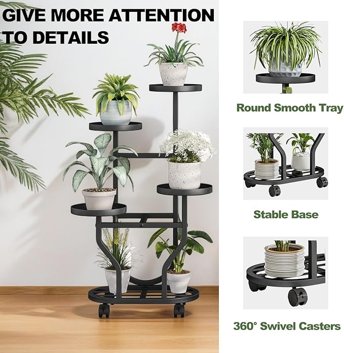 Plant Stand Indoor Outdoor 4 Tier Flower Holder with Wheels Metal Plant Shelf Corner Display Rack Multi Plants Sheleves for Living Room Garden Patio Black