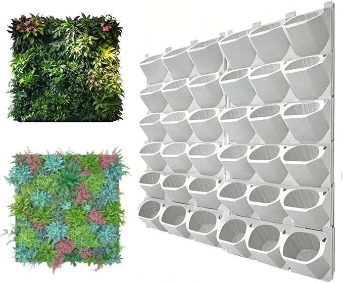 36 Pockets Living Wall Planter Indoor, Self Watering Wall Hanging Planters for Outdoor Plants Stackable, Cascading Vertical Planter Garden (36 planters White)