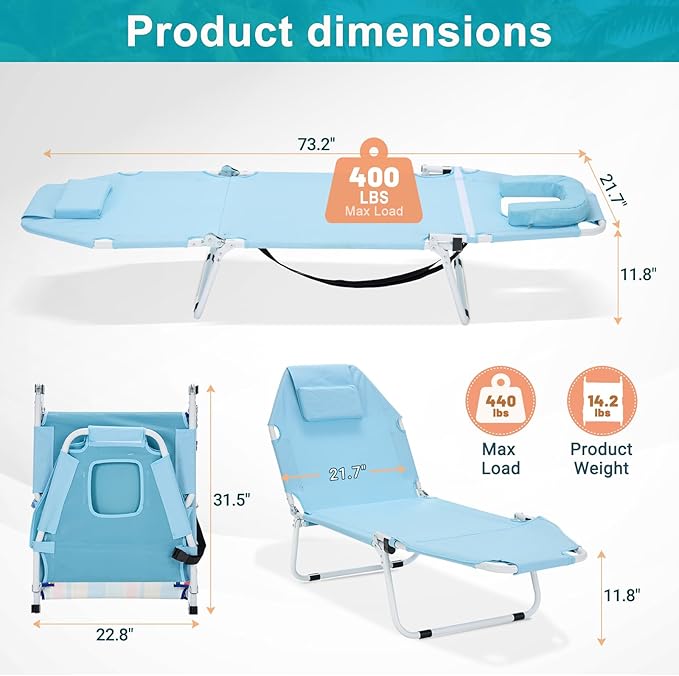 ABORON 2-in-1 Tanning Chair with Face Hole, Folding Camping Cot for Adults, 5-Position Adjustable Lounge Chair with Pillow, Heavy Duty 600D Oxford Portable Cot for Beach, Patio, Poolside