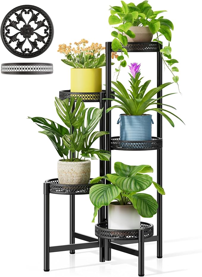 Plant Stand Indoor Outdoor, 5 Tier Corner Metal Flower Display Holder Shelf, Folding Tall Rack for Patio Balcony Porch Garden Living Room House, Heavy Duty Wrought Iron Plant Shelf- BlackWave
