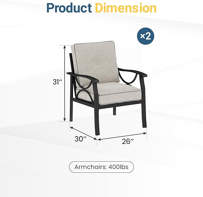 RoyalCraft Outdoor Patio Furniture Set, 3 Pieces Metal Patio Conversation Set with Side Table for Porch Garden Backyard, Black