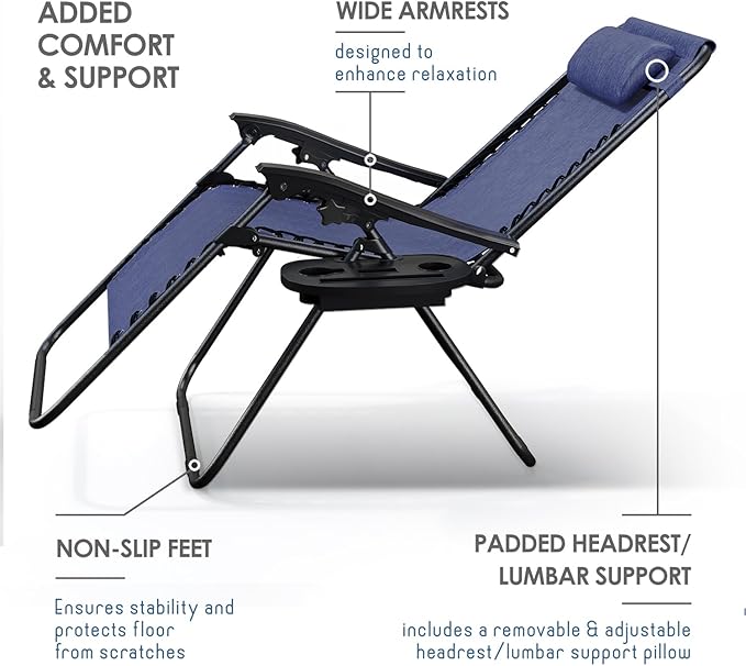 Nestl Zero Gravity Chairs Set of 6, Patio Lounge Chair Outdoor with Pillows & Cup Holder Trays, Adjustable Steel Mesh Reclining Camping Chair, Folding Patio Lawn Chair for Deck, Beach, Yard - Blue