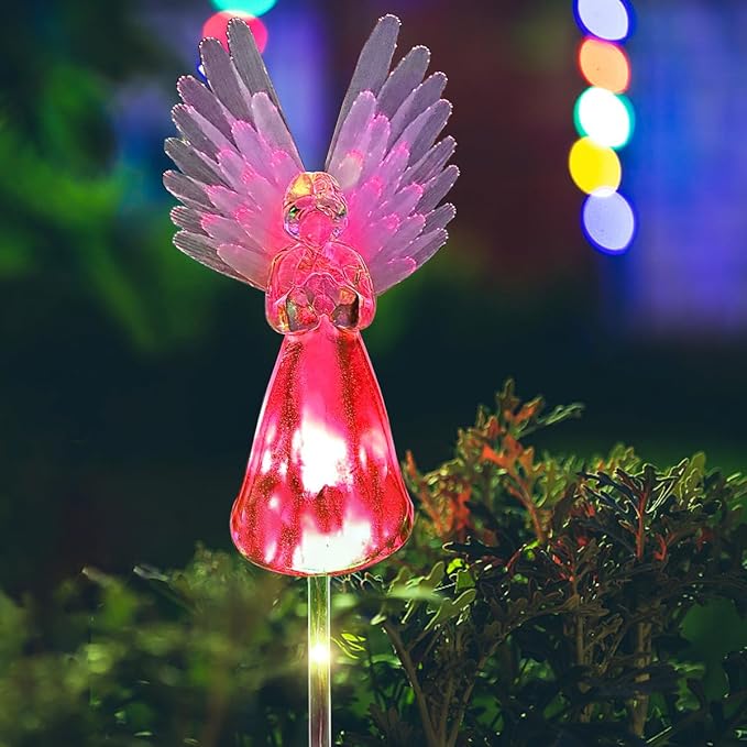 2 Pack Solar Angel Lights Outdoor Decor, Decorative Color Changing Waterproof LED Angel Stake Lights for Cemetery Grave Garden Patio Yard Art Lawn Decoration, Grave Markers, Memorial Gifts