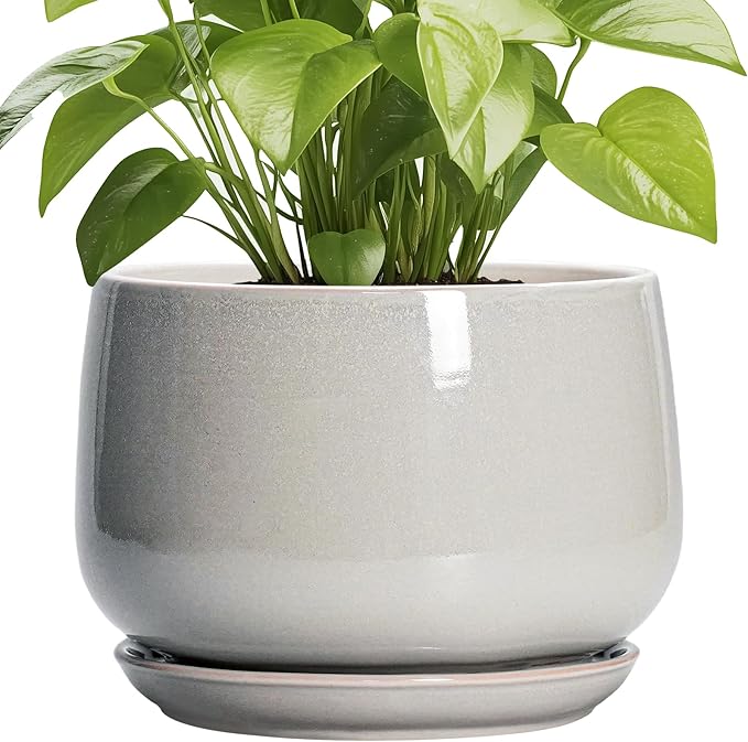 G EPGardening Ceramic Plant Pots - 9 Inch Ceramic Planters for Indoor Outdoor Plants, Modern Flower Pots with Drainage and Saucer, Round Planter, Garden Home Decor, Plant Lover Gifts, Light Grey