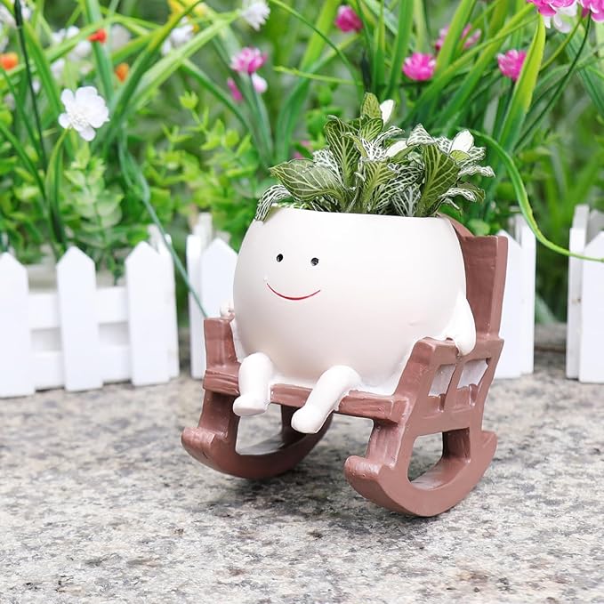 Smiley Face Rocking Chair Planters Flower Pots for Plants Funny Succulents Plant Live Cute Resin Head Planter for Indoor Outdoor Plants Gift Ideas for Mother and Christmas (Small)