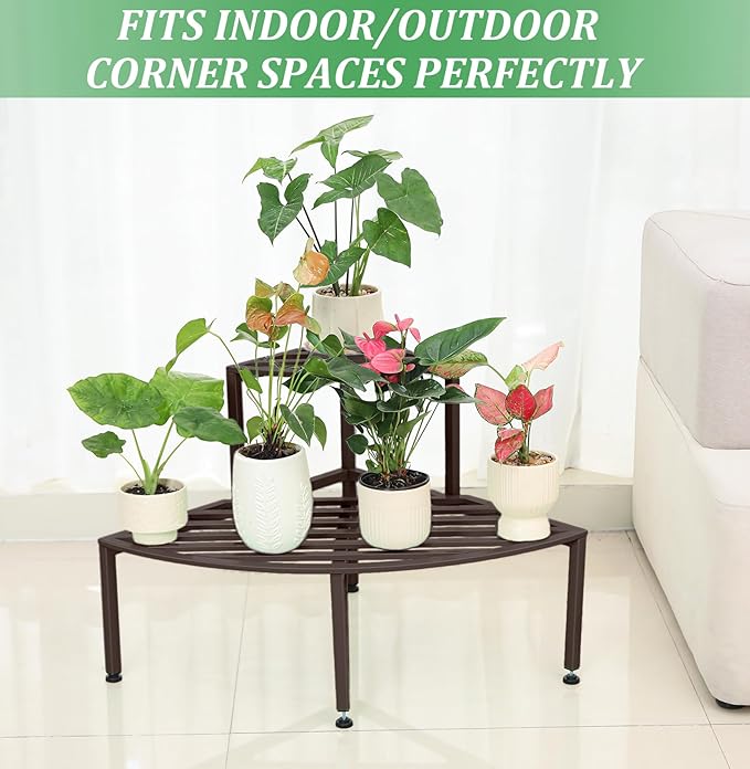 Corner Plant Stand Outdoor Metal,2 Tier Heavy Duty Ladder Plant Shelf Indoor for Multiple Plants,37.08" L x 22.83" W x 20.07" H,Coffee