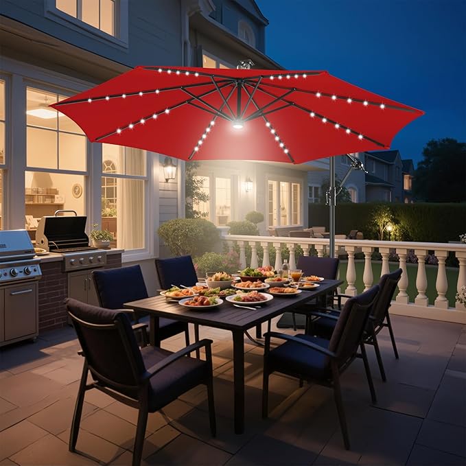 Solar Offset Patio Umbrella - 10 ft Solar Cantilever Umbrella Outdoor with 40 LED Lights and Cross Base, UV Protection for Garden, Deck, Backyard, Pool, Porch (Red)