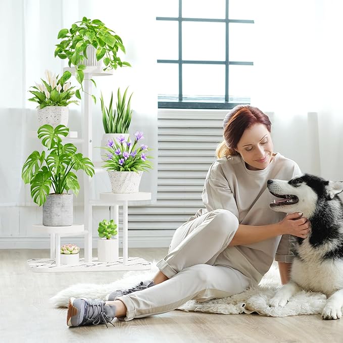 iDavosic.ly 5 Tier Plant Stand Indoor Outdoor, Tiered Corner Plant Stands for Multiple Plants, Metal Plastic Tall Plant Display Holder Flower Shelf for Patio Living Room Garden Balcony Bedroom, White