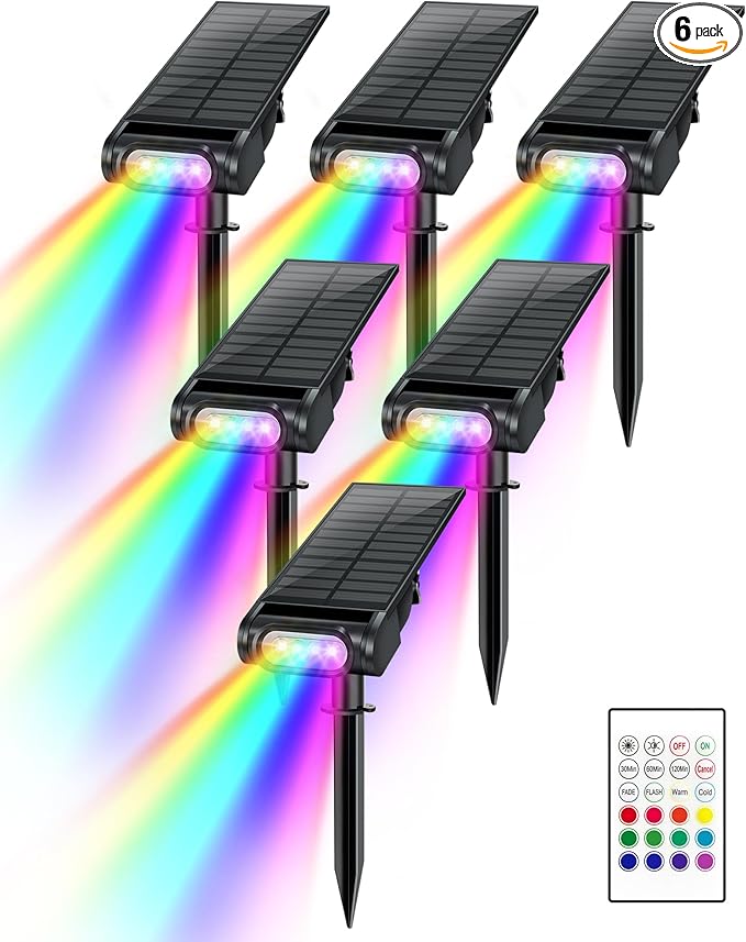 RGB Christmas Solar Spot Lights Outdoor, 12 RGB Color Modes Landscape Light Waterproof IP67 with Remote Control, 2-in-1 Color Changing RGB/Cool/Warm White for Yard Garden Garden (6 Pack)