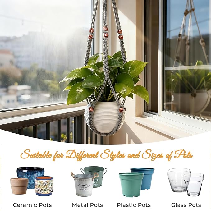 35 Inch Macrame Plant Hanger, Large for up to 15 Inch Pot Extra Long Hanging Planter Holder Basket with Wood Beads for Indoor Outdoor Home Decor (Grey, 2-Pack)