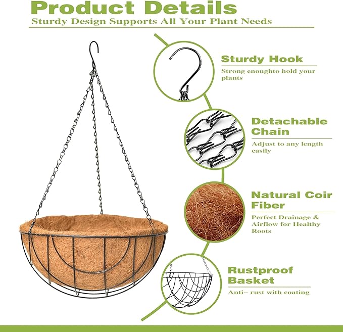 4 Pack 14 Inch Hanging Baskets for Plants Outdoor Metal Hanging Planter Hanging Flower Baskets with Coco Fiber Liners Chain Round Wire Plant Holder Hanging Flower Pots(Flower Border)