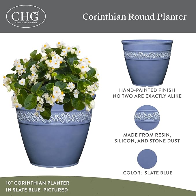 Classic Home and Garden Corinthian Resin Flower Pot Planter, Slate Blue, 8"