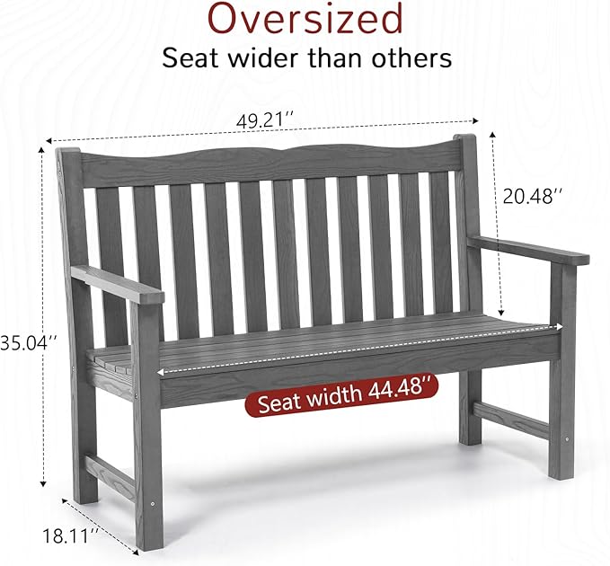 Stoog Outdoor Bench, 2-Person Garden Benches for Outdoors, Waterproof HIPS Patio Bench with 800 lbs Weight Capacity, Never Rot or Fade, Grey