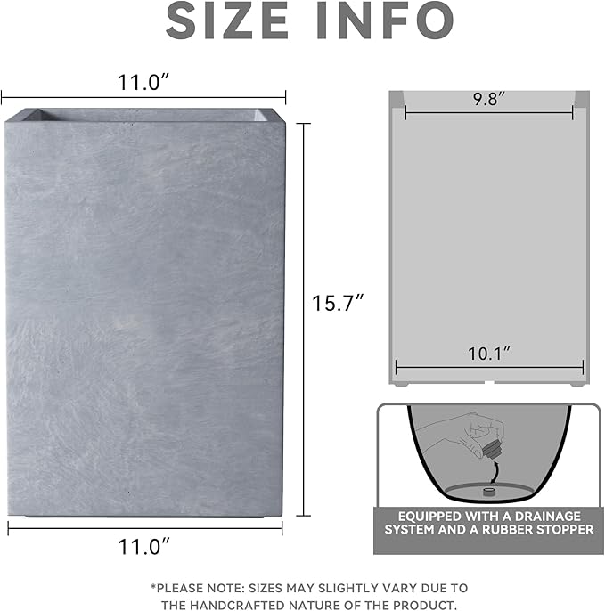 Kante 15.7" H Tall Rectangular Concrete Planters, Outdoor Indoor Lightweight Plant Pots with Drainage Hole and Rubber Plug, Modern Style for Home Garden Patio, Slate Gray