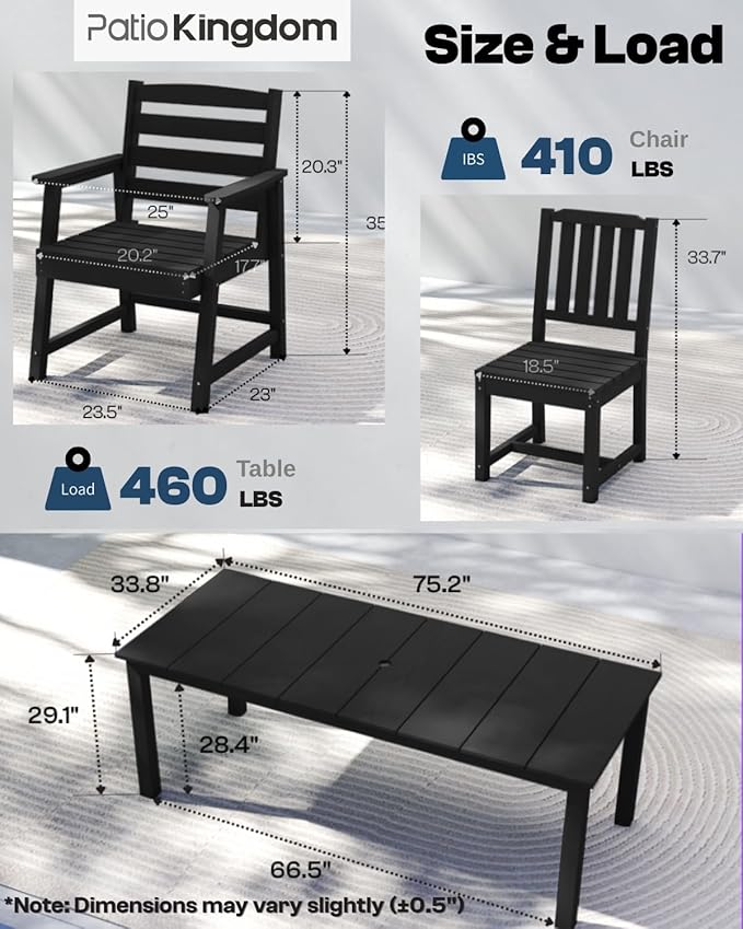 7-Piece Black Outdoor Dining Set with White 15FT Large Patio Umbrella, 75.2'' HDPE Table & Chairs for 6, Weather-Resistant Furniture with Umbrella Hole for Patio, Lawn, Poolside