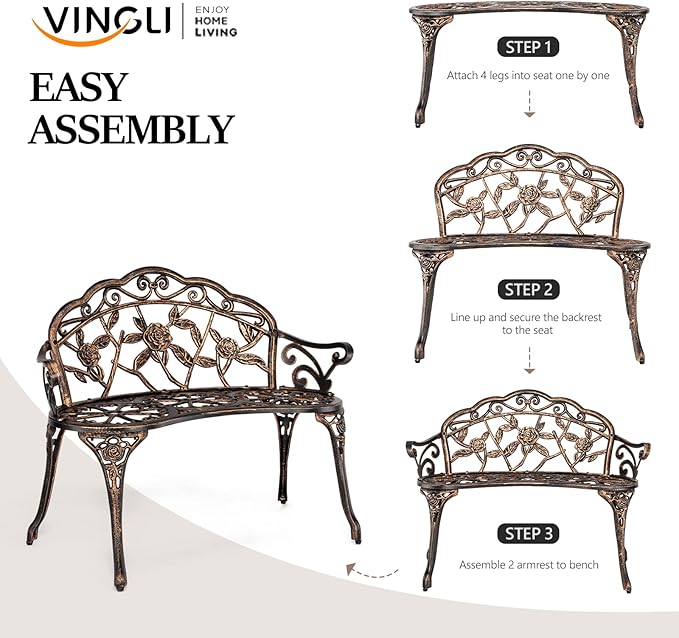VINGLI 38.5" Patio Park Garden Outdoor Metal Rose Bench, 2-Person Cast Iron Cast Aluminium Frame Antique Finish Chair,Accented Lawn Front Porch Path Yard Decor Deck Furniture (Bronze, Rose)