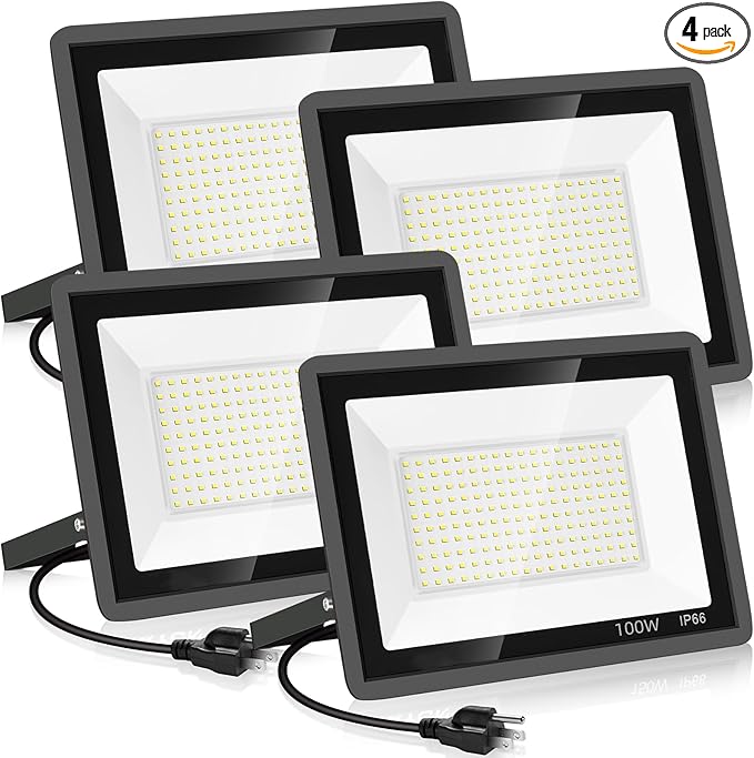 4 Pack 100W LED Flood Light,Super Bright Exterior Security Lights With Plug,IP66 Waterproof Outdoor Flood Light, 11600lm 5000K Daylight White Floodlight for Yard, Garden,Basketball Court, Arena