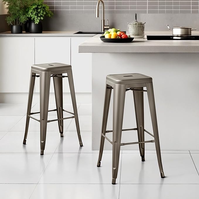 Yaheetech 30 Inch Metal Bar Stools Set of 4, Bar Height Backless Bartools, Industrial Stackable Bar Chairs with Footrest for Kitchen/Dining Room/Bistro/Patio, Gun Metal