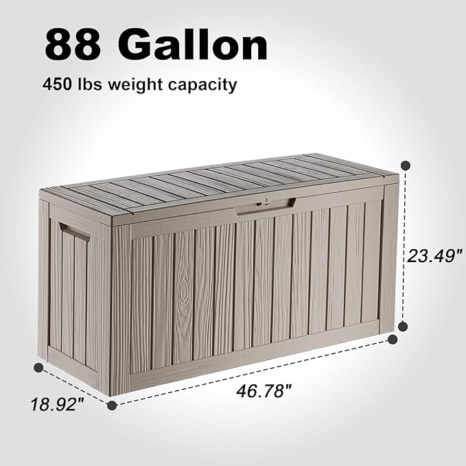 ROJIK Outdoor Storage Housing Deck Box - Waterproof Patio Furniture, Garden Tools, Cushions, Pool Accessories Storage Bench with Lockable Lid and Side Handles (Grey 88 Gal)