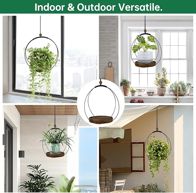 Hanging Planters for Indoor Plants,Plant Hanger with Sturdy Wood Base,Modern Boho Macrame Plant Hanger,Wall Ceiling Window Stands(Plants/Pots Not Included) (2 Pack-Circle)