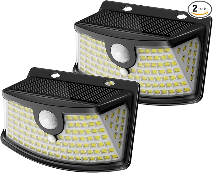 Aootek New Solar Motion Sensor Lights 120 LEDs with Lights Reflector,270° Wide Angle, IP65 Waterproof, Step Lights for Front Door, Yard, Garage, Deck (Black, Daylight White, 2-Pack)