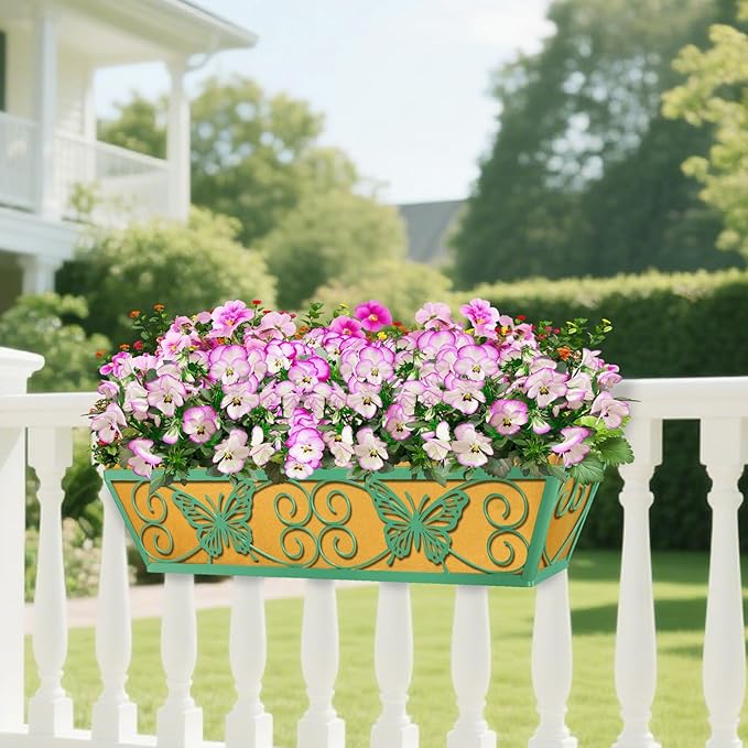6 Pack 24 Inch Window Boxes Planters Railing Planter Box with Adjustable Brackets for Porch Fence Patio Balcony Hanging Flower Baskets with Woven Fabric for Outdoor Garden Decor - Green