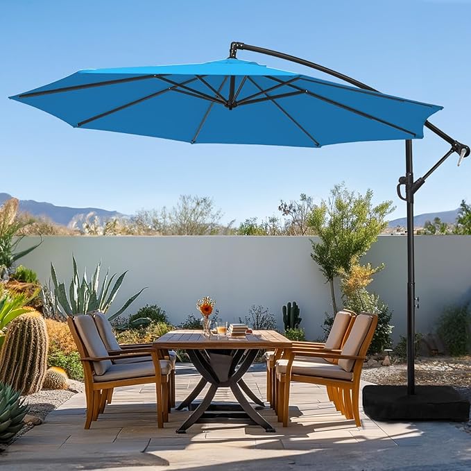 wikiwiki 10ft Patio Umbrella with Base Included, Outdoor Offset Cantilever Umbrella with Sandbag Base for Backyard, Garden and Pool, Easy to Tilt and Crank, Royal Blue