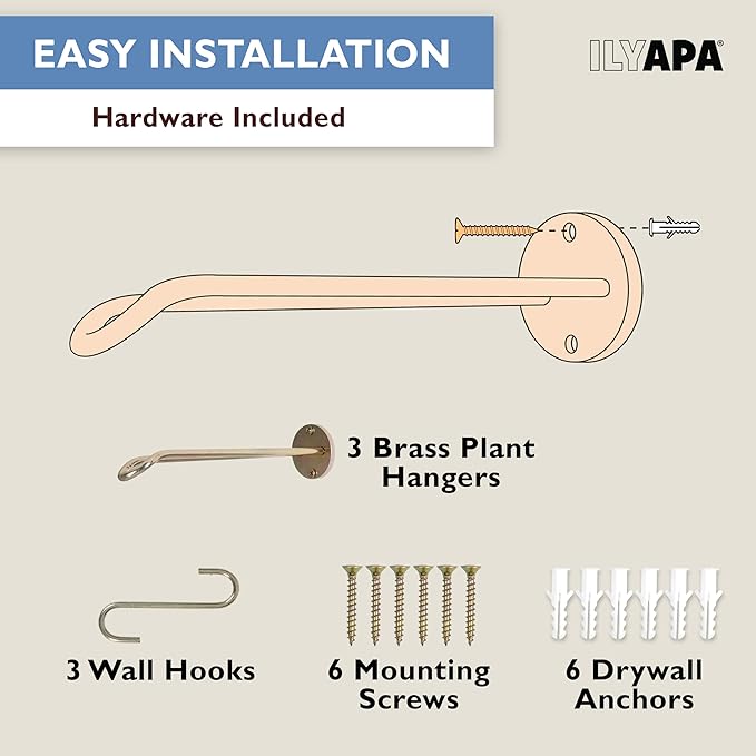 Ilyapa 3 Pack Metal Wall Plant Hangers - 7.5 Inch Plant Hanger for Indoor - Rustic Brass Finish Hooks for Hanging Plants, Baskets, and Macrame - Indoor Hangers for Plants, Lanterns or Wind Chimes
