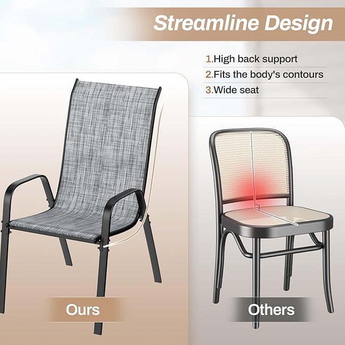 TLSUNNY Patio Chairs, Stackable Textilene Outdoor Dining Furniture for All Weather, with 17.7″ Wide Seat & Metal Frame, for Garden, Backyard, Deck, Restaurant, Poolside (4, Grey, 26.4″)
