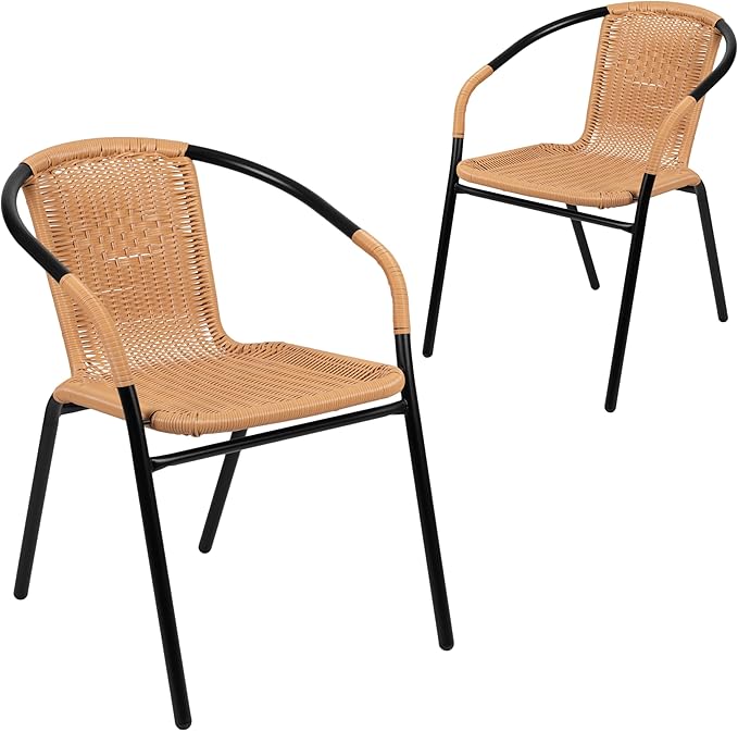 Flash Furniture Lila 2 Pack Beige Rattan Indoor-Outdoor Restaurant Stack Chair