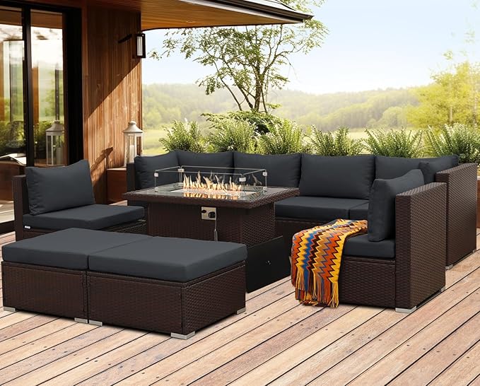 NICESOUL 8 Seat Extra Large Patio Furniture Set with Firepit Table Natural Gas/Propane, 29.3'' High-Back Luxury Outdoor Sectional Conversation Sets for 6 People, Brown Rattan and Dark Grey Cushion