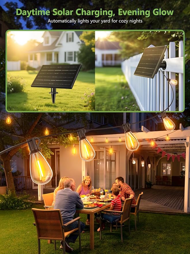 luckystyle 50FT Solar String Lights Outdoor Waterproof 2200K with Remote & USB Charging, 18+1 LED Shatterproof Bulbs, Dimmable & Timable, 3 Light Modes, Long Last for Garden,Patio, Backyard, Camping