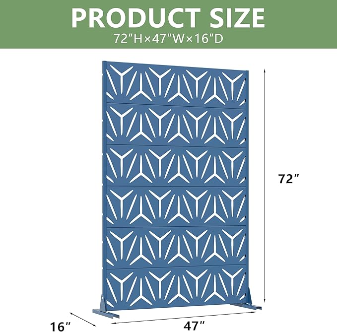 Casaphoria Metal Privacy Screen Outdoor, 72" H x 47" W Freestanding Decorative Privacy Screen for Patio Deck Balcony Garden with Stable Base, Blue-Star