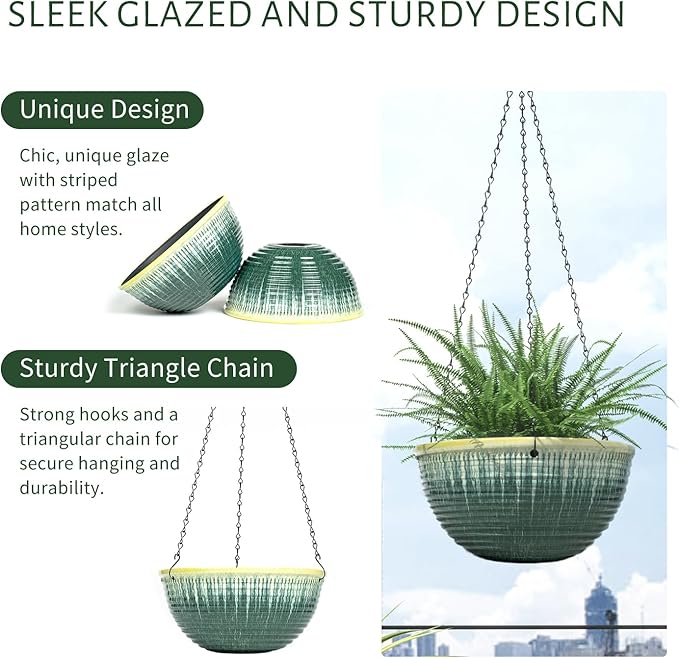 10inch Hanging Planter, 2 Pack Hanging Planters for Indoor and Outdoor Plants, Glazed Hanging Plant Holder with Drainage, Indoor Hanging Flower Pots for Garden Home (Green Glaze)